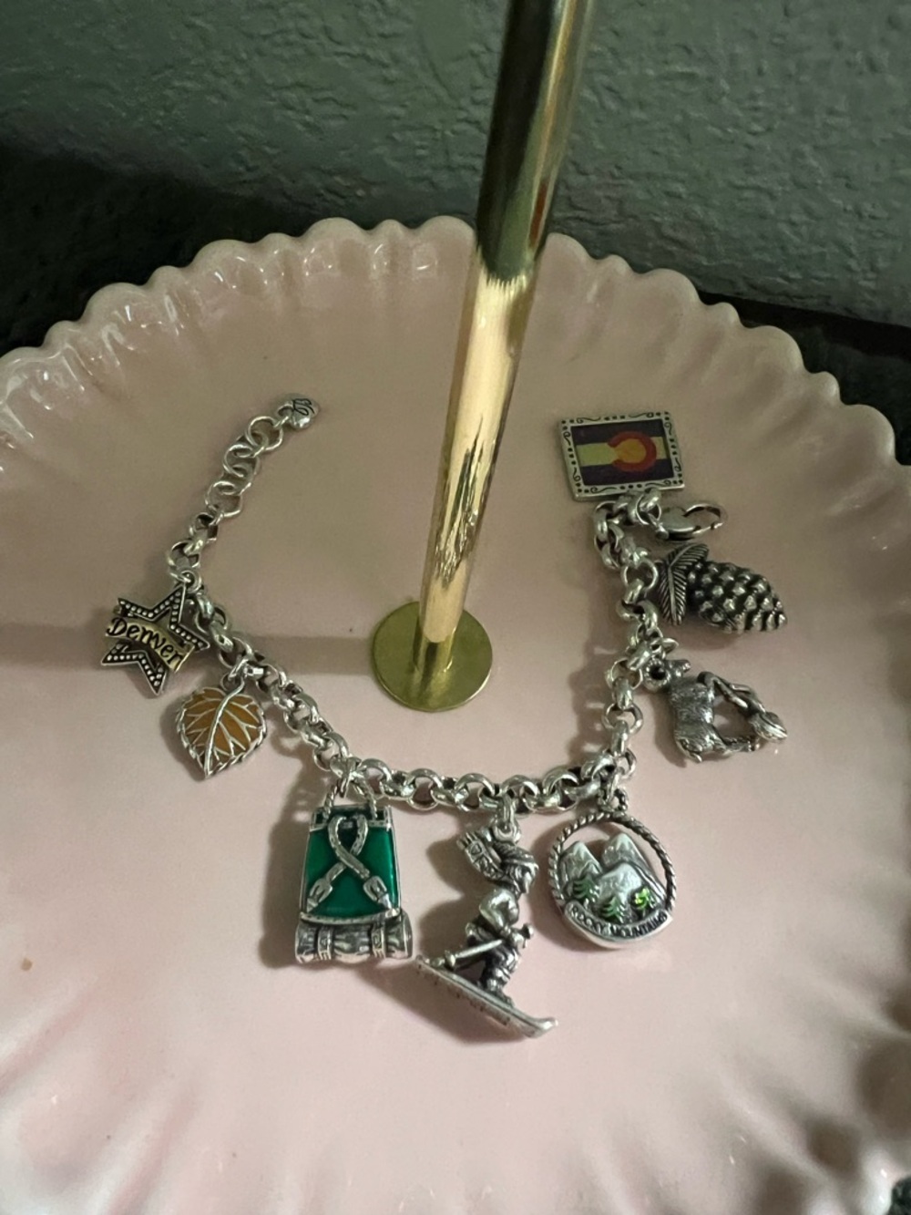Brighton Colorado  Silver Charm Bracelet with Green Enamel and Yellow Leaf #BJBR
